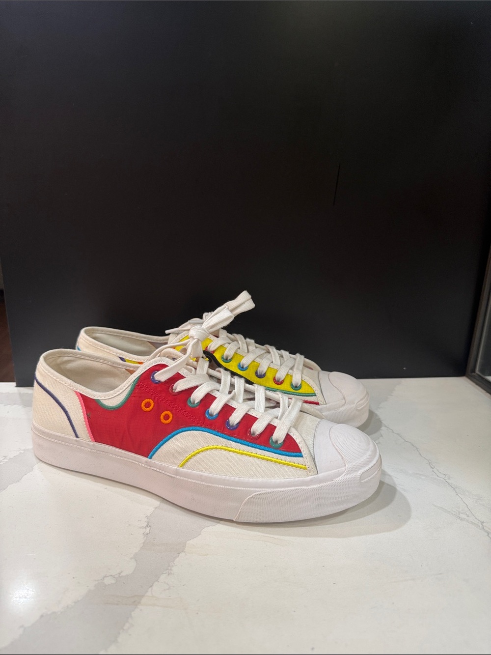 Converse Low-Top Canvas Sneakers in Red, White & Yellow Accents